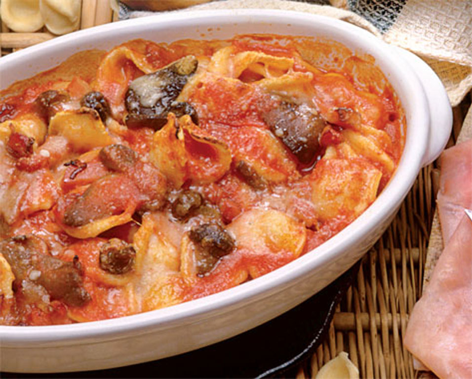 Orecchiette al forno con funghi e panchetta
